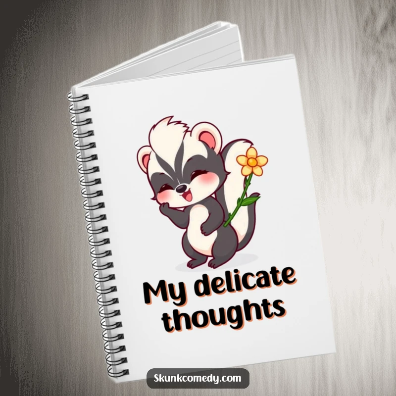 Funny skunk notebook illustrating a skunk happily twirling a flower, providing a delightful space for writing and creative expression.