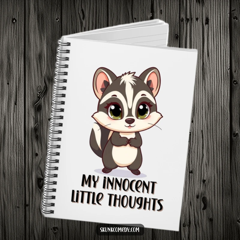 Funny skunk notebook depicting a skunk with innocent eyes in a happy skip, perfect for journaling and notes.