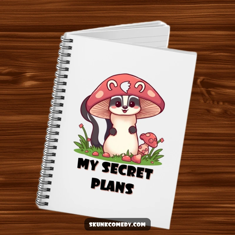 Funny skunk peeking behind a giant mushroom, cute lined notebook, woodland theme journal, humorous stationery, gift.
