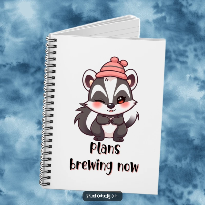 Funny skunk notebook, wearing a tiny hat, winking mischievously, perfect for writing and journaling.