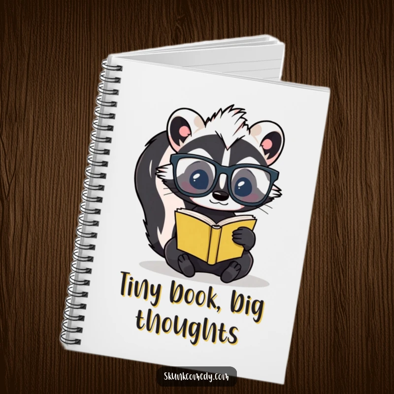 Funny skunk with oversized glasses reading a miniature book on the cover of a notebook, inspiring studious writing.