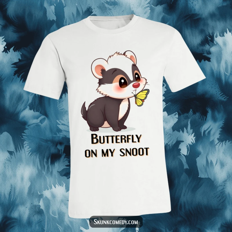 Funny skunk showing a comical surprised expression as a butterfly lands on its nose, on a comfortable t-shirt.