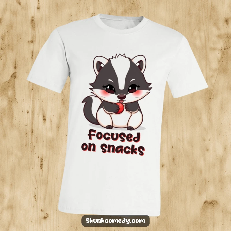 Funny skunk t-shirt, determined look, rolling a small berry, representing resilience and focus, a perfect funny gift.