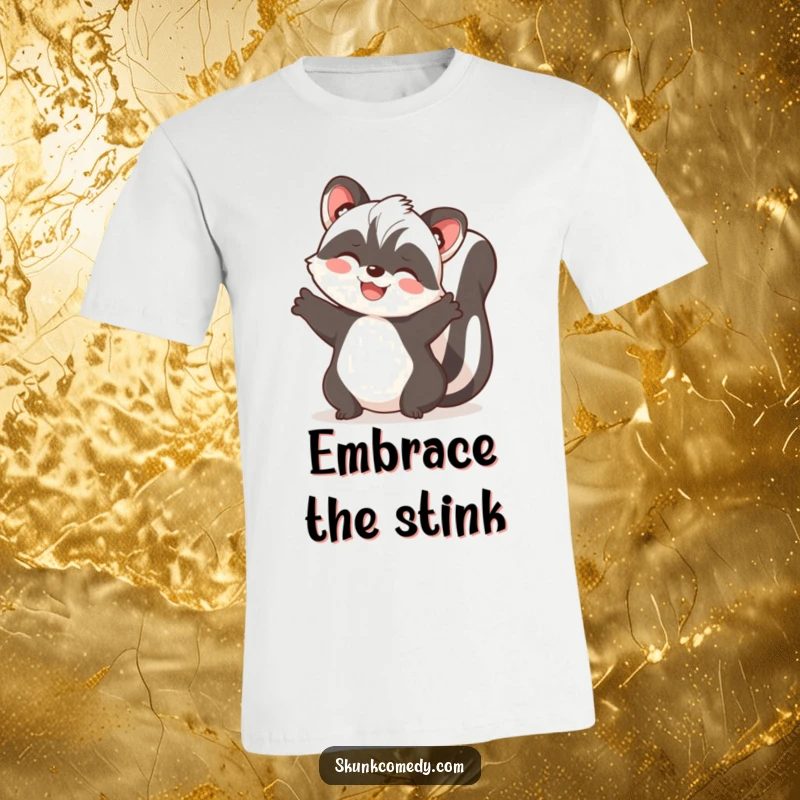 Funny skunk t-shirt depicting a joyful skunk with arms outstretched, ready to give a heartfelt embrace.