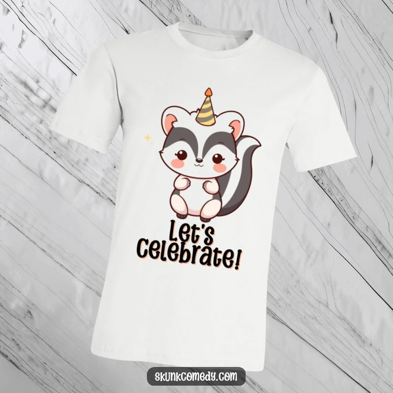 Funny Kawaii Skunk T-Shirt depicting a skunk with a small, celebratory party horn, ready for fun and festivities, a great gift.