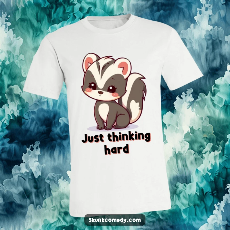 Funny Kawaii Skunk T-Shirt featuring a skunk with a tilted head, expressing gentle curiosity and sweet intrigue.