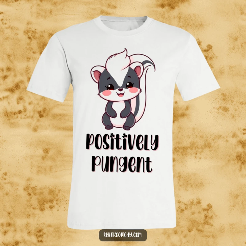 Funny Kawaii Skunk t-shirt featuring a cute skunk with a big smile and its tail up, radiating friendly and playful energy.