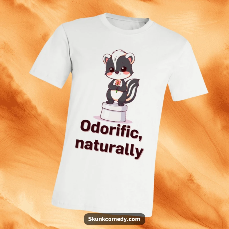 Funny t-shirt with a proud skunk standing on a small pedestal, proudly holding a delicate flower.