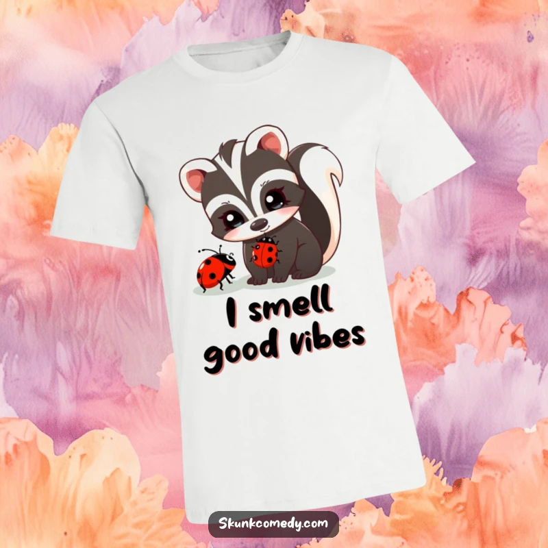 Funny skunk with twinkling eyes curiously observes a ladybug, cute animal t-shirt, humorous design, gift idea.