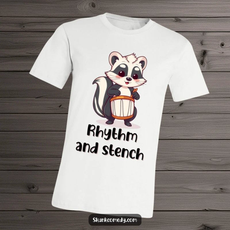Funny skunk t-shirt depicting a skunk enthusiastically playing a tiny drum, capturing a moment of musical joy.