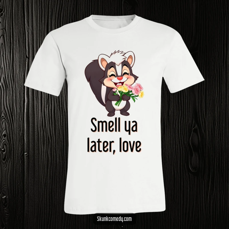 Funny skunk t-shirt featuring a skunk with a massive, happy grin holding a bouquet, radiating pure, unadulterated joy.