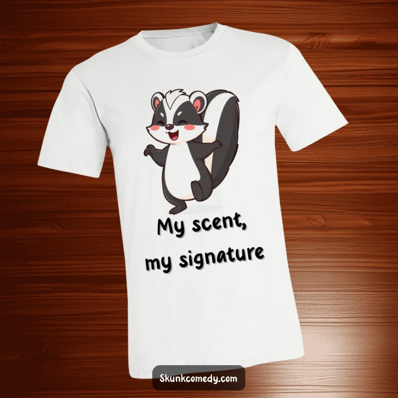 Funny skunk t-shirt, a skunk joyfully dancing with its striped tail raised high, celebrating movement and fun.