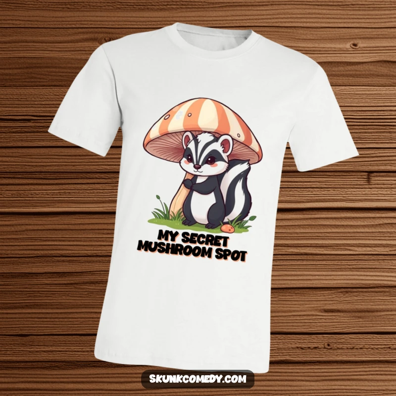 Funny skunk t-shirt displaying a skunk curiously peeking out from behind a giant, vividly striped mushroom.