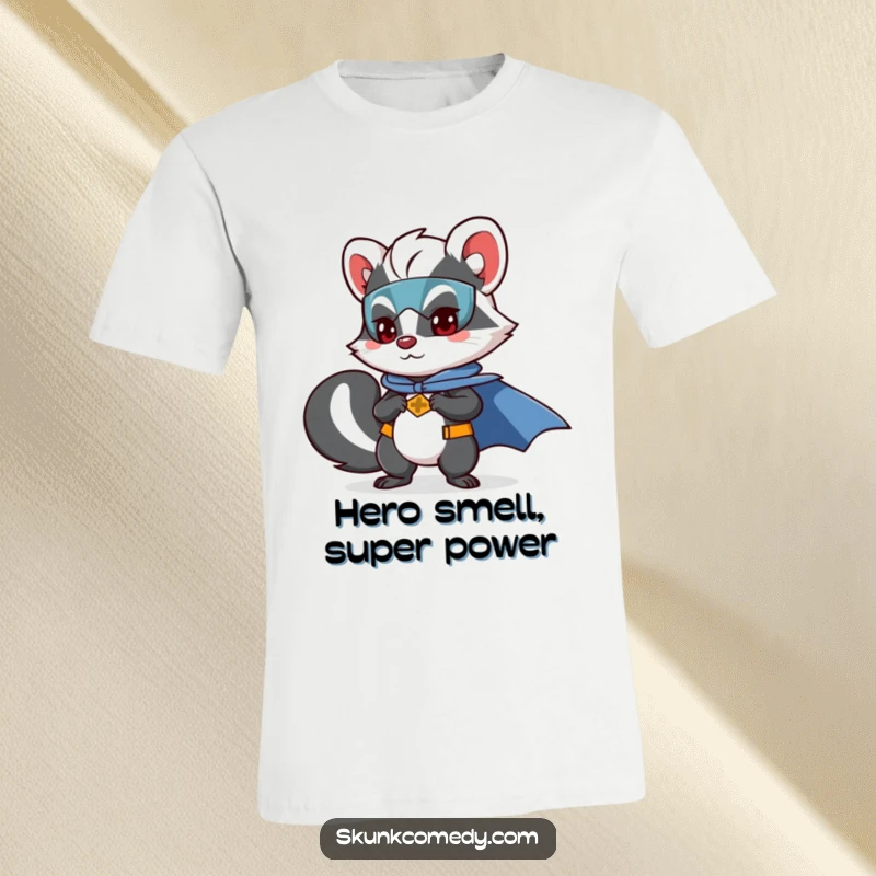 Funny skunk t-shirt featuring a skunk dressed as a superhero, ready for action with a cape.