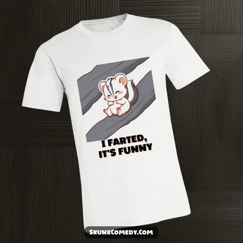 Funny t-shirt showcasing a giggling skunk in motion, gleefully sliding down a dark, smooth rock.