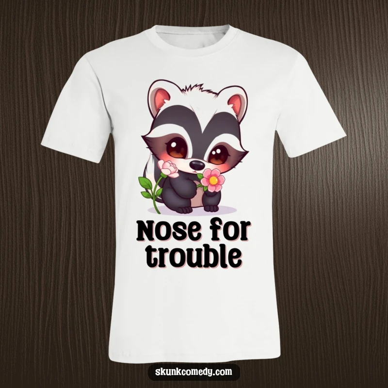 Funny skunk with big, curious eyes sniffing a vibrant flower, radiating innocence on this amusing t-shirt.