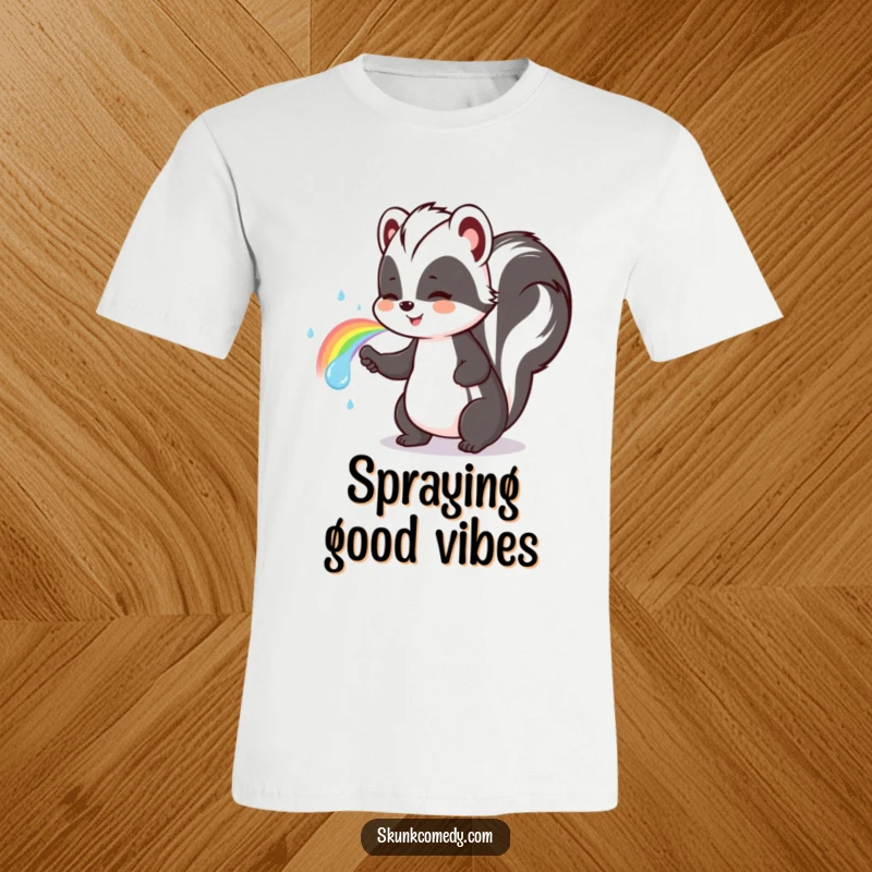 Funny skunk t-shirt featuring a cute skunk joyfully spraying a beautiful, arcing rainbow.