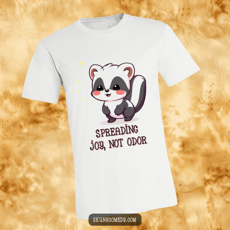 Funny Kawaii Skunk t-shirt showing a cute skunk emitting small, harmless sparkles of joy, embodying happiness and cuteness.