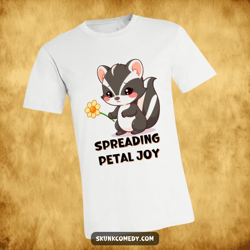 Funny Kawaii Skunk t-shirt showing a cute skunk offering a flower with adorable charm, radiating sweetness and thoughtful gestures.