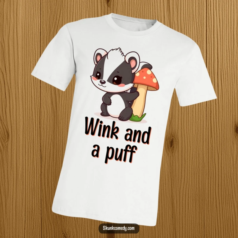 Funny skunk mushroom t-shirt, a playful skunk winks while peeking from behind a mushroom, cute and humorous wearable art.