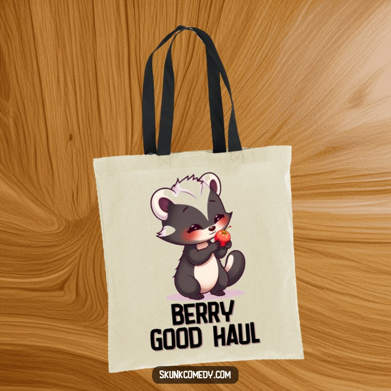 Funny tote bag illustration of a shy skunk offering a small, glowing berry with a gentle expression.