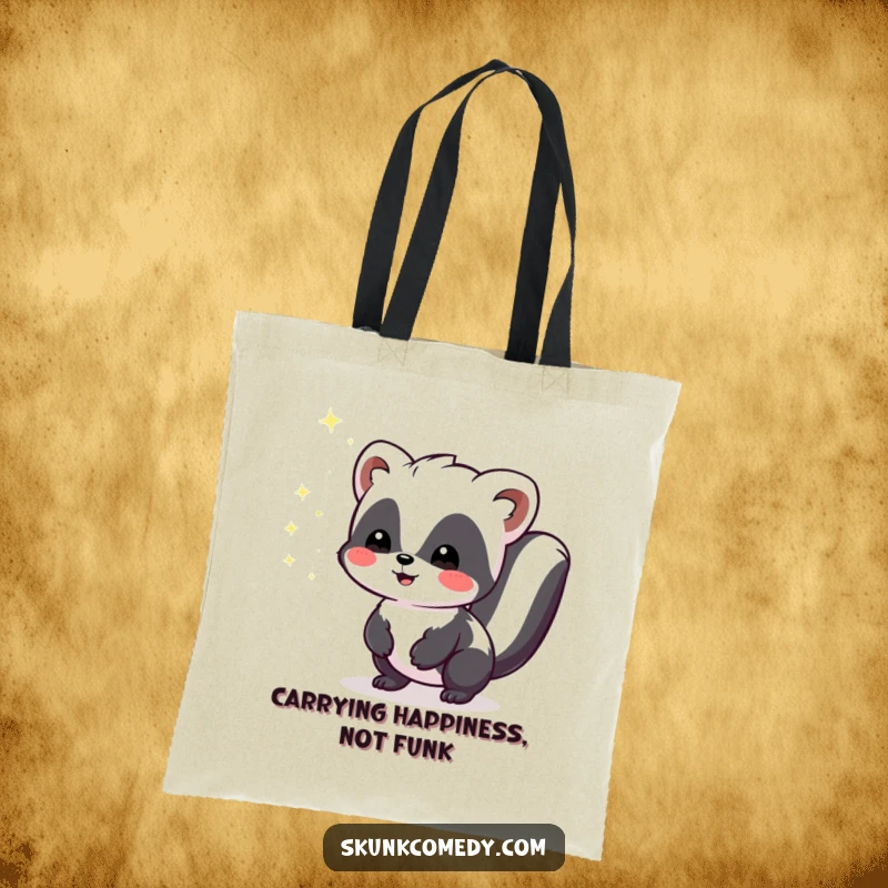 Funny Kawaii Skunk tote bag depicting a cute skunk emitting tiny, harmless sparkles of joy, perfect for daily use.