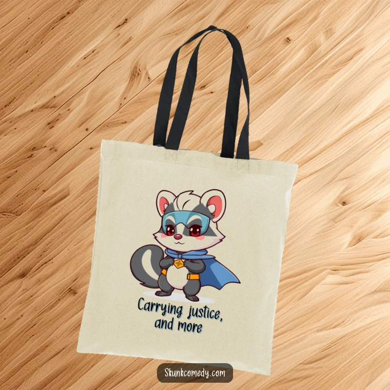 Funny skunk tote bag depicting a skunk as a superhero, complete with a cape, ready to conquer tasks.