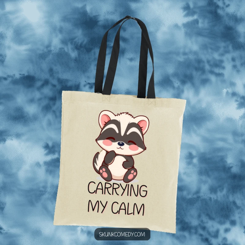 Funny Kawaii Skunk Tote Bag featuring a skunk with a contented sigh represented by soft puffs, perfect for carrying calm and gifting.