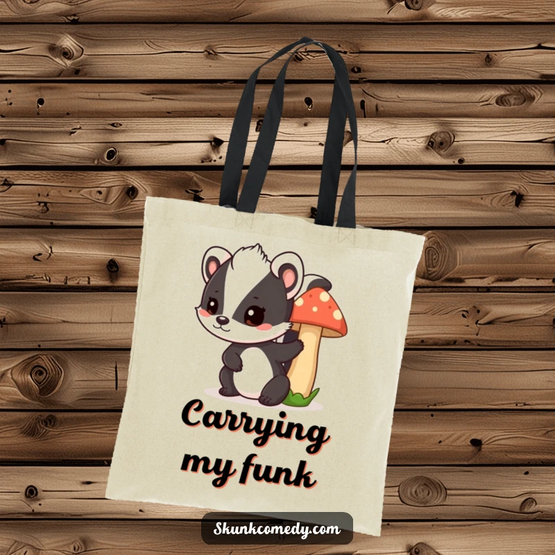 Funny skunk mushroom tote bag, a mischievous skunk peeks from behind a mushroom, humorous and practical accessory.