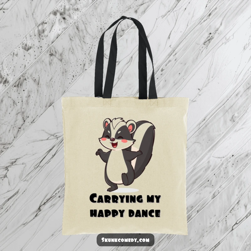 Funny skunk tote bag, a skunk doing a joyful jig with its tail held high, perfect for carrying essentials with flair.