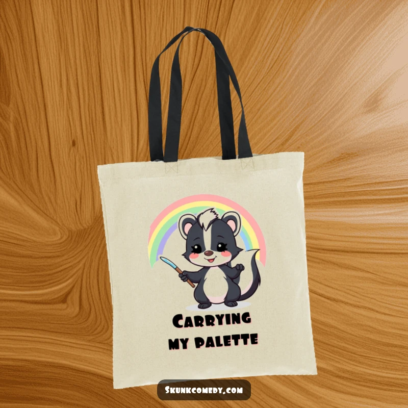 Funny skunk tote bag illustrating a mischievous skunk painting a vivid rainbow, ideal for carrying daily essentials with joy.