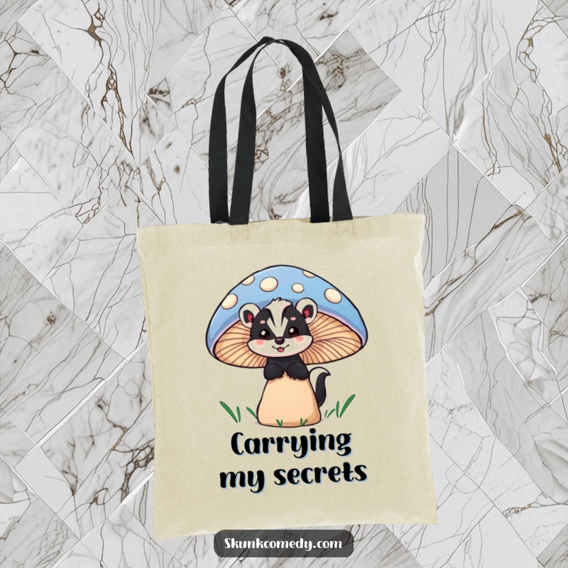 Funny skunk tote bag with a skunk peeking curiously from behind a large, colorful mushroom, ideal for carrying daily items.