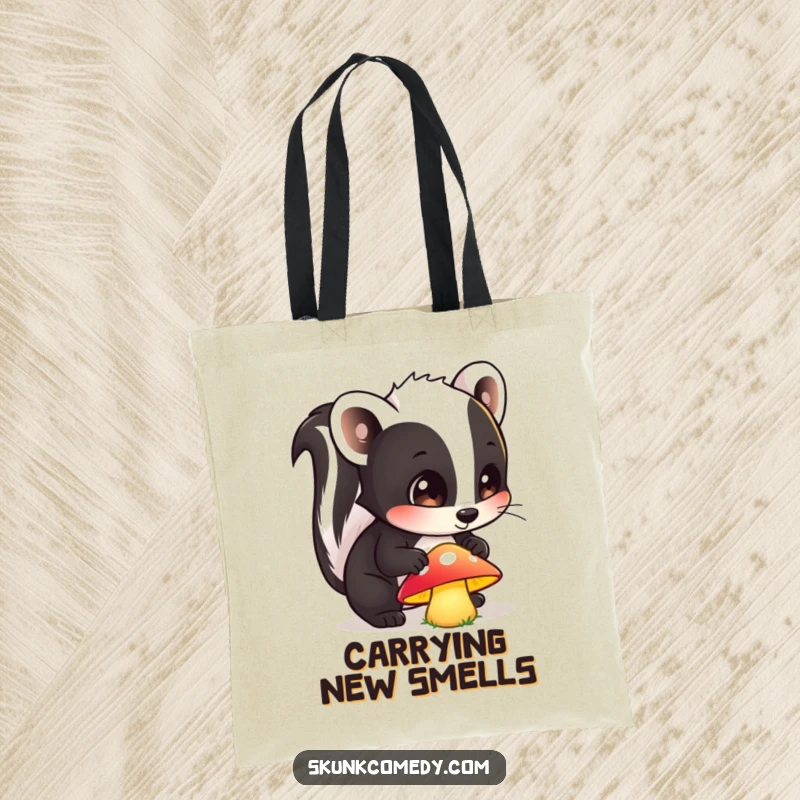Funny tote bag featuring a curious skunk with wide eyes sniffing a luminous mushroom, perfect for carrying essentials with forest flair.