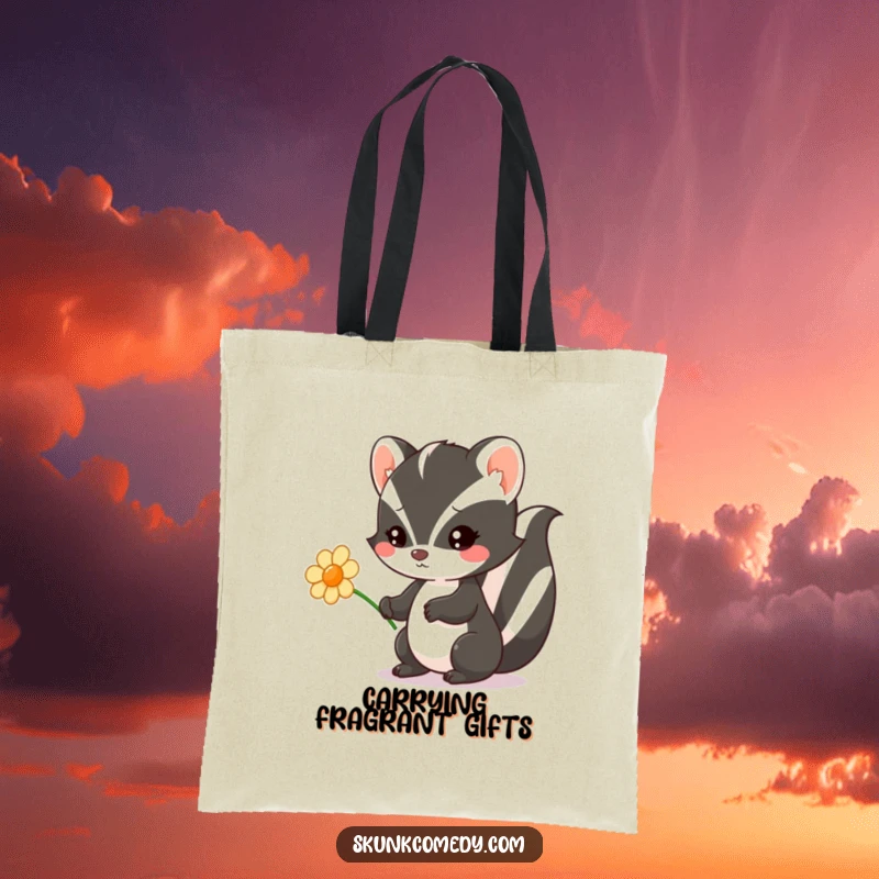 Funny Kawaii Skunk tote bag showing a skunk charmingly offering a flower, perfect for carrying items with a sweet and adorable touch.