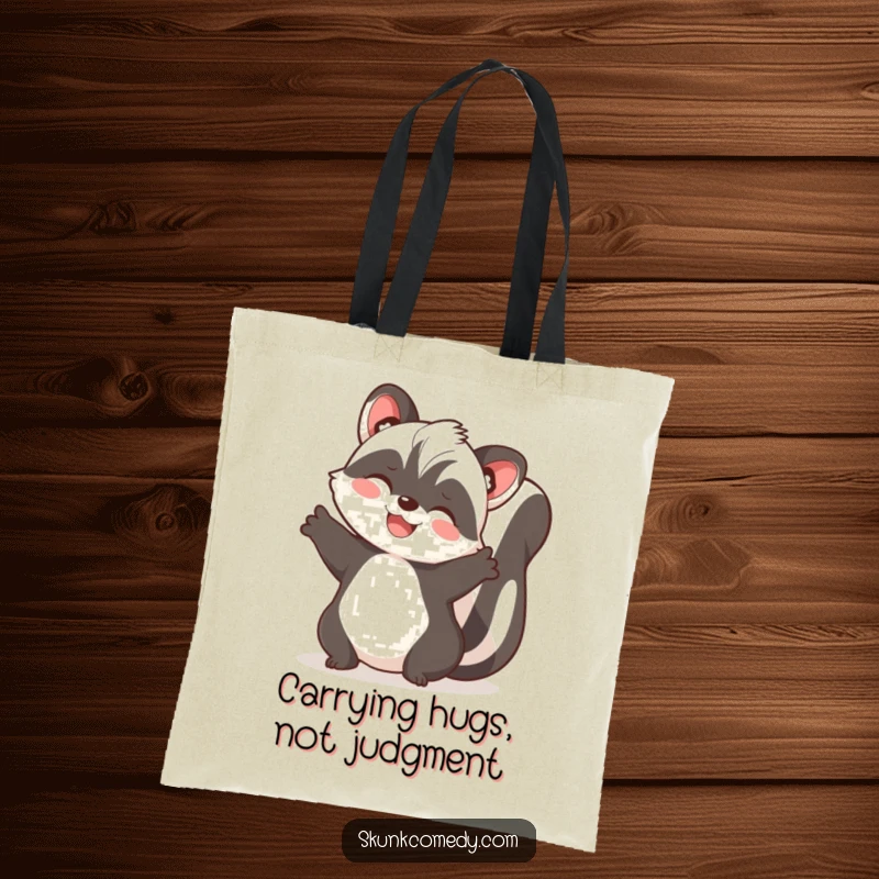 Funny skunk tote bag featuring a skunk with open paws, eagerly ready to give a joyful and loving embrace.