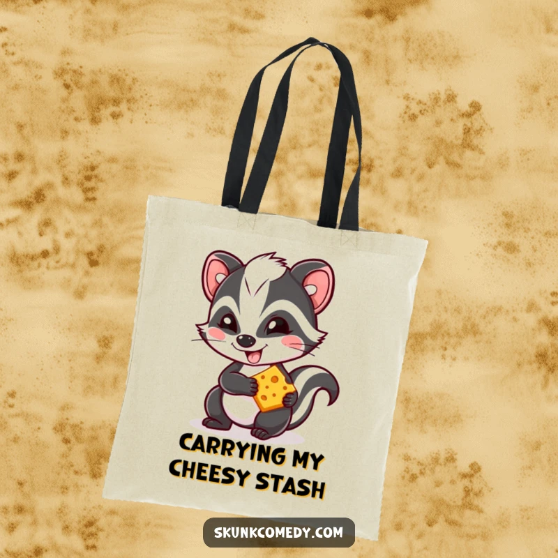 Funny Kawaii skunk tote bag, a mischievous skunk with a grin holding a piece of cheese, cute and functional accessory.