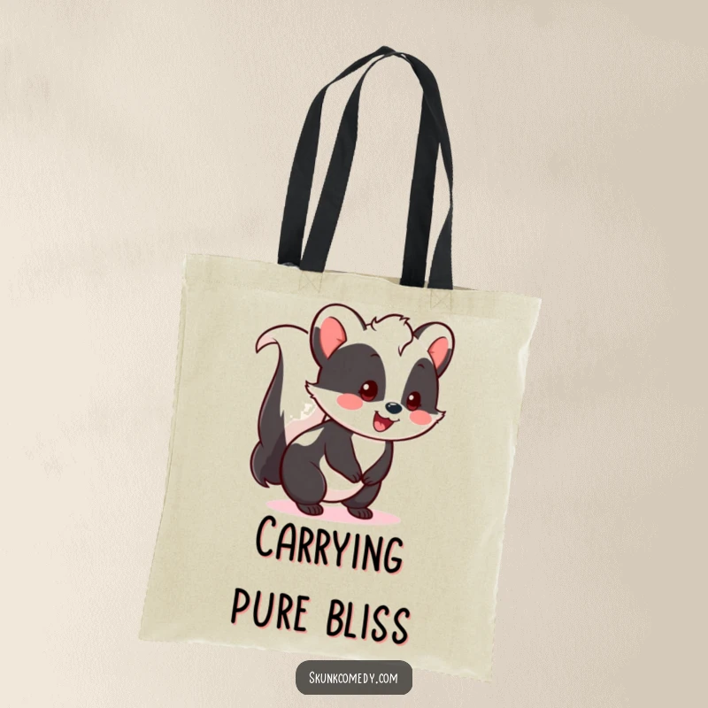 Funny Kawaii Skunk Tote Bag showing a cheerful skunk with a bouncy, happy tail wag, perfect for everyday use and gifting.