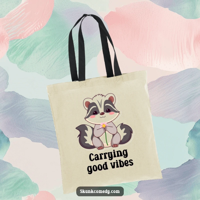 Funny tote bag with a shy skunk offering a flower, a charming and humorous accessory for carrying daily necessities with kindness.