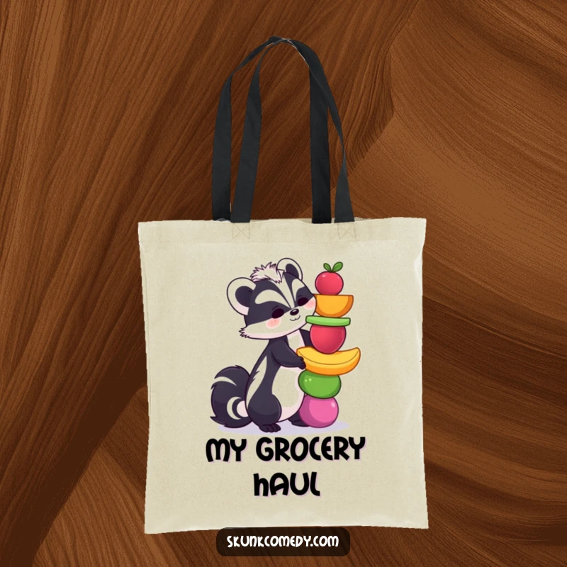 Funny skunk tote bag illustration of a skunk skillfully balancing a tower of colorful fruits, a practical and humorous accessory.