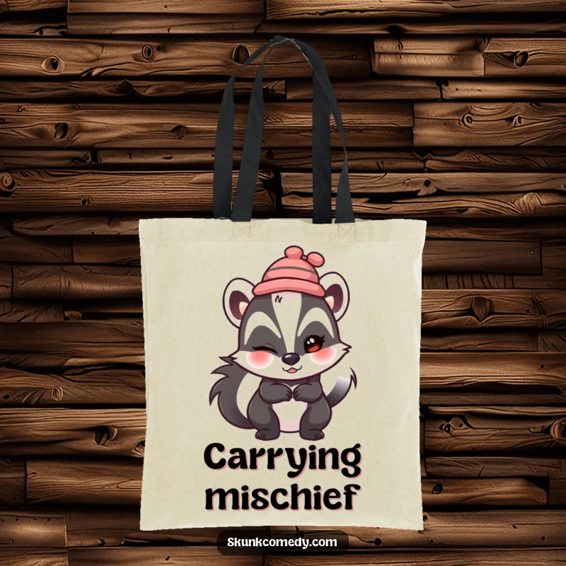 Funny skunk tote bag, wearing a tiny hat, winking mischievously, stylish and humorous accessory.