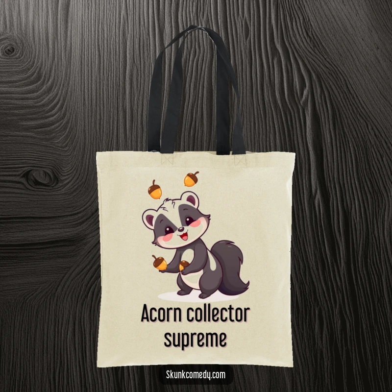 Funny skunk tote bag, a skunk happily juggling three colorful acorns, perfect for carrying items with a woodland theme.