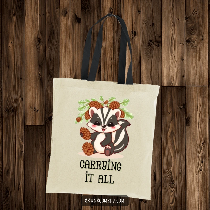 Funny skunk tote bag, playfully juggling pinecones, humorous and practical accessory for daily use.