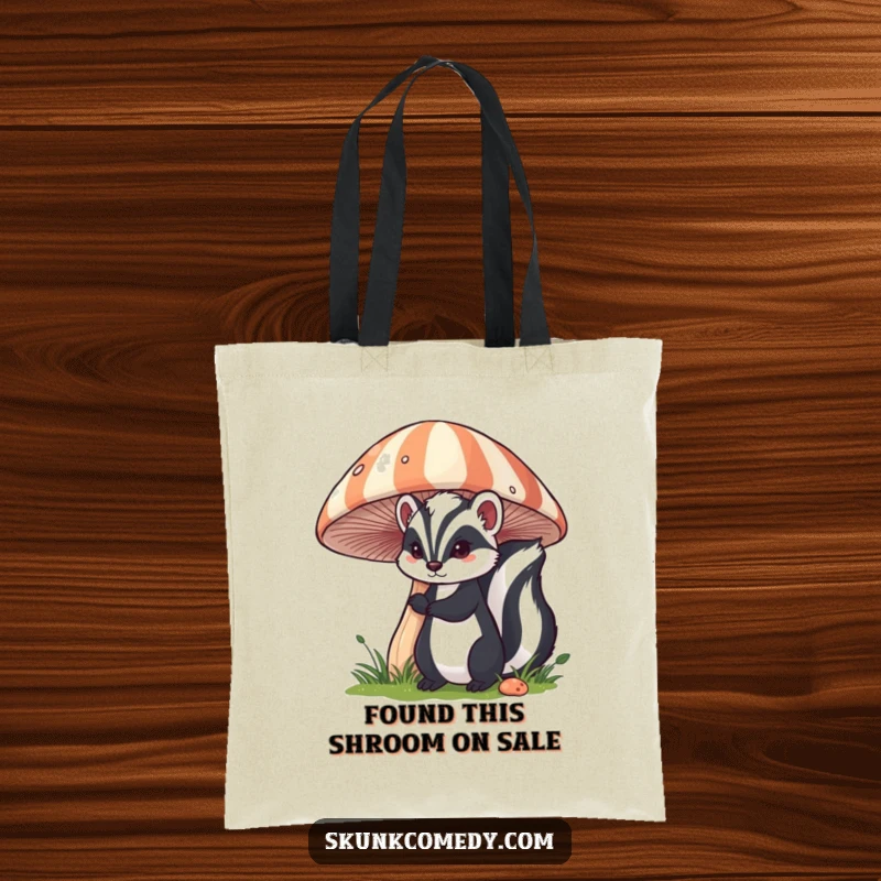 Funny skunk tote bag showing a skunk peeking from behind a large, striped mushroom, perfect for everyday use.