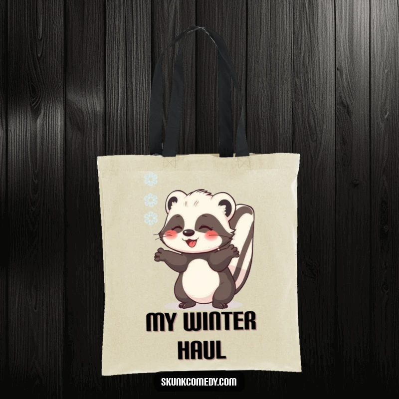 Funny skunk catching a snowflake with outstretched paws, cute tote bag, winter theme, humorous accessory, gift.
