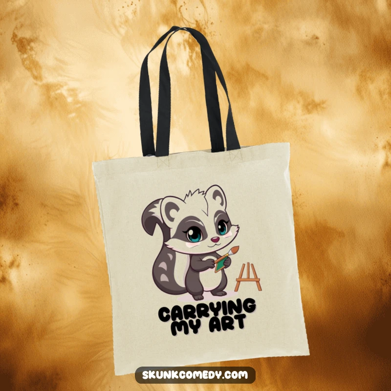Funny skunk tote bag showing a determined artist skunk holding a tiny paintbrush and easel, a stylish and creative accessory.