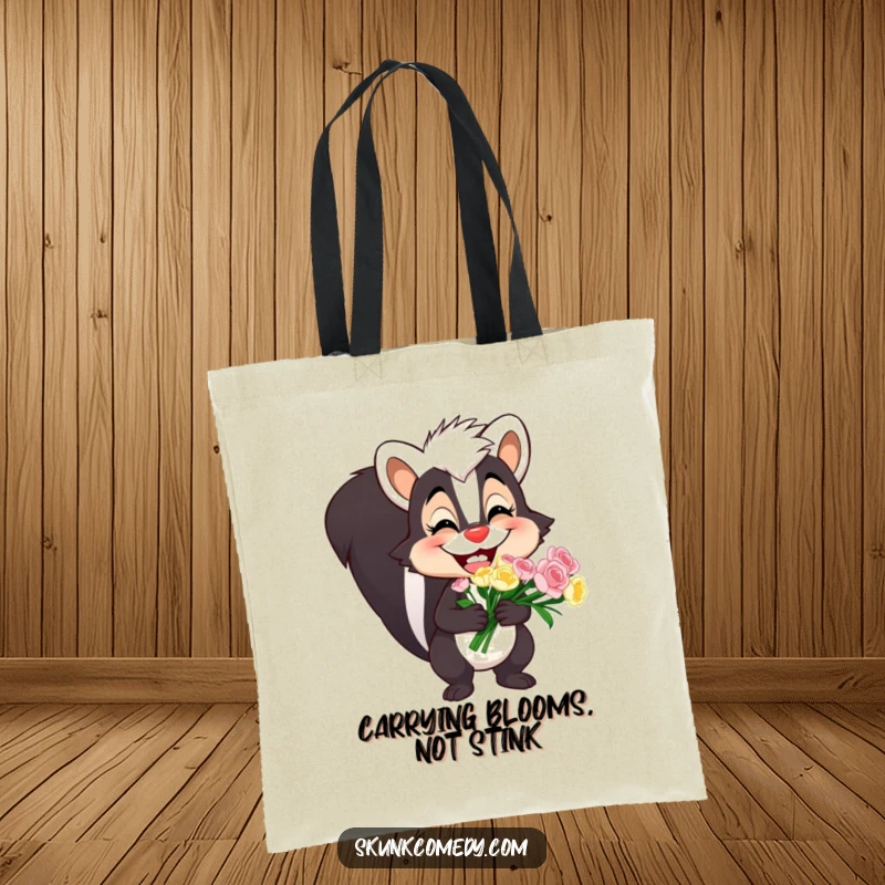 Funny skunk tote bag showcasing a skunk with an infectious goofy grin holding a vibrant bouquet, great for shopping.