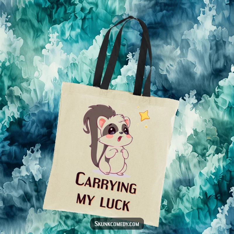 Funny surprised skunk looking at a falling star, featuring whimsical humor on this tote bag.
