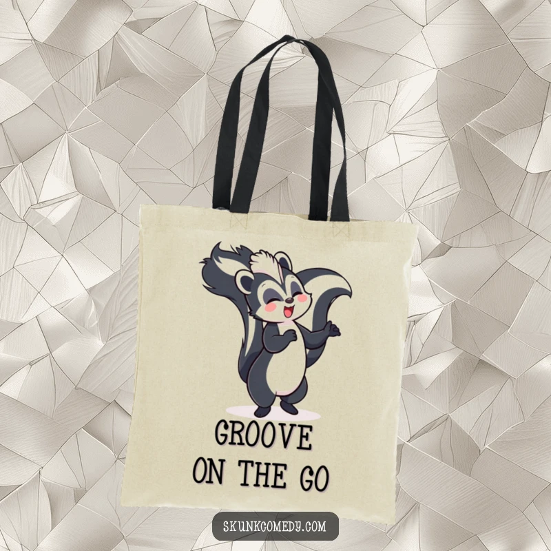 Funny skunk tote bag, joyfully dancing with its tail held high, humorous and practical accessory.