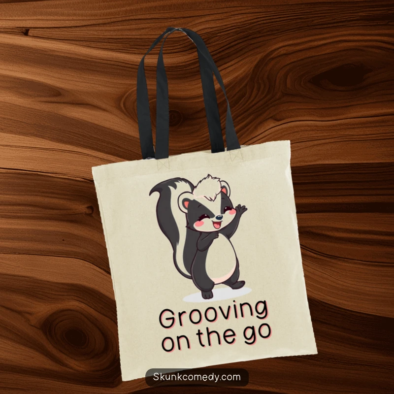 Funny skunk doing a joyful dance with its tail held high on a durable tote bag, perfect for carrying happiness.