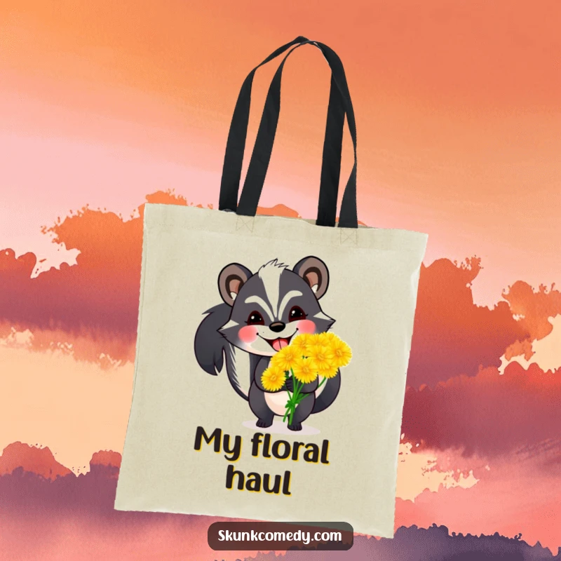 Funny skunk tote bag illustration of a skunk with a huge grin holding oversized dandelions, a cheerful and practical accessory.